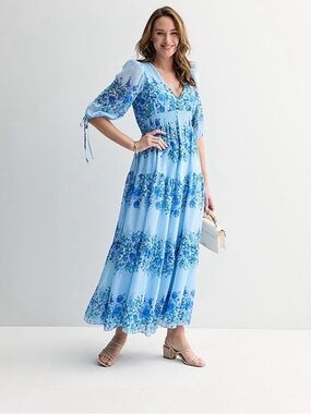 Taylor Sky Blue Turquoise Floral Maxi Dress